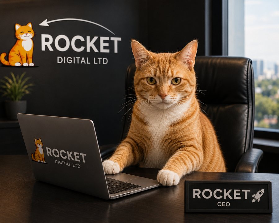 Rocket the cat at his desk as Chief Executive Officer of Rocket Digital Ltd in Plymouth